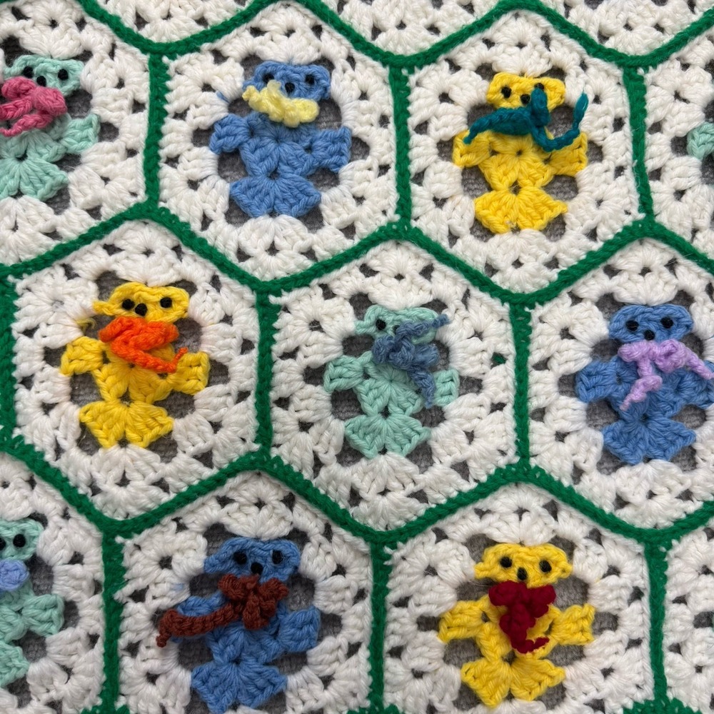 Handmade Crochet Bears Bows Baby Boy Blanket Nursery Blue Yellow Shower Gift